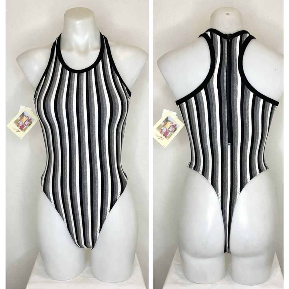 Vintage Marika 80’s Thong Workout Leotard Black Striped Zip Up Womens Medium